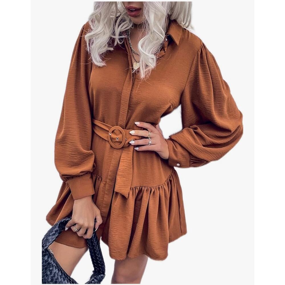 Women's Dresses Hidden Button Ruffle Hem Bishop Sleeve Belted size M